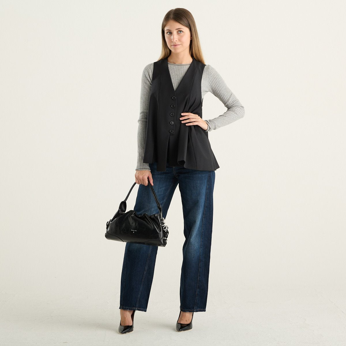 MeiMeij gilet donna nero con scollo a V e fondo a pieghe