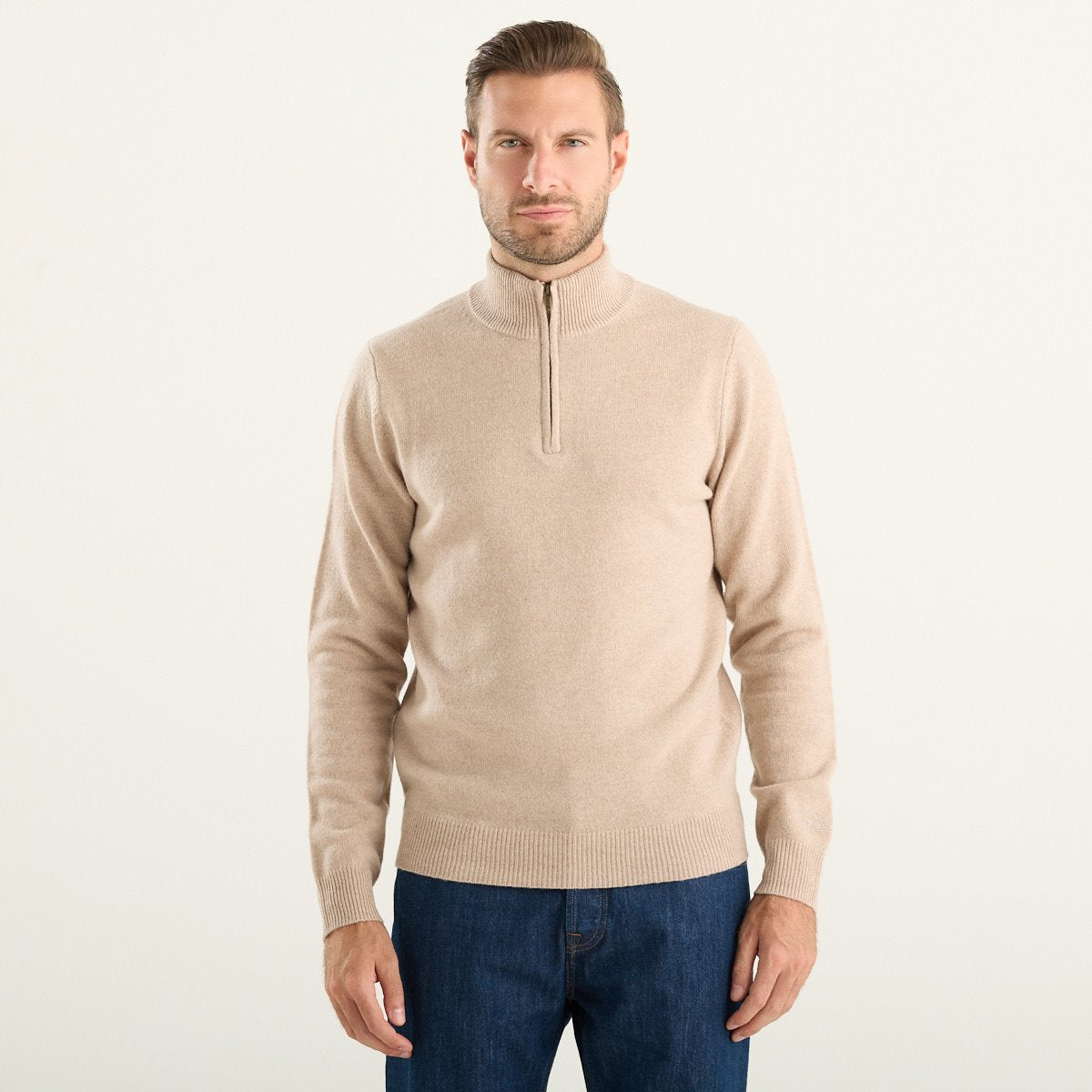 MC2 Saint Barth maglione uomo Jermyn in lambswool beige con mezza zip
