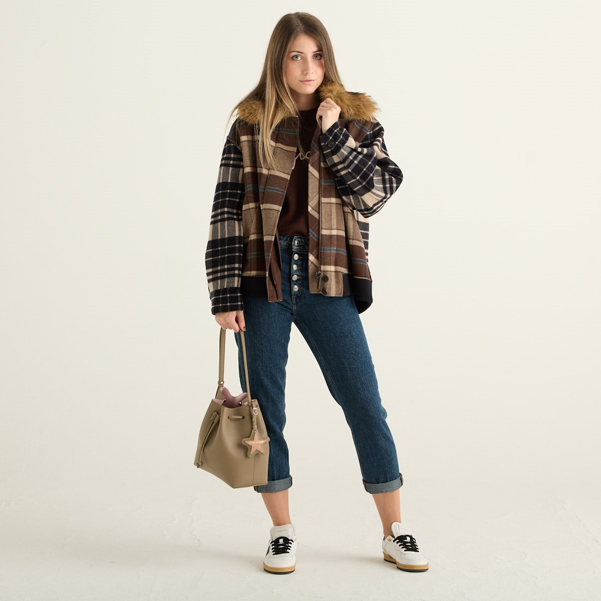 Weekend Max Mara Giacca Check Marrone con Ecopelliccia