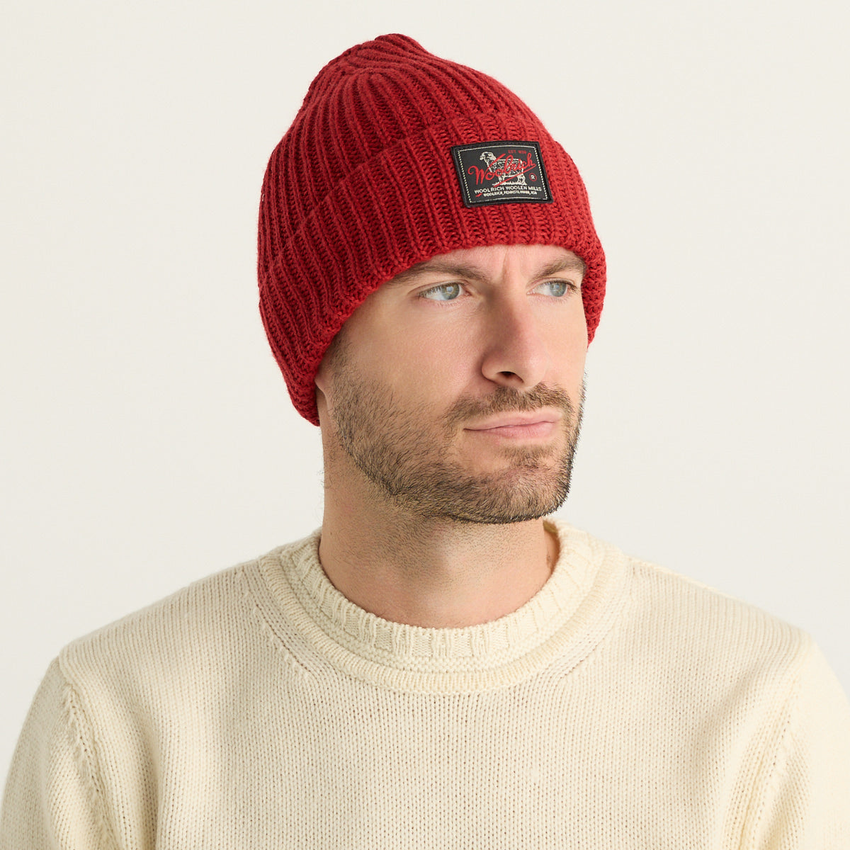 Woolrich Berretto Uomo WM Patch Beanie Rosso in Lana Vergine con Logo