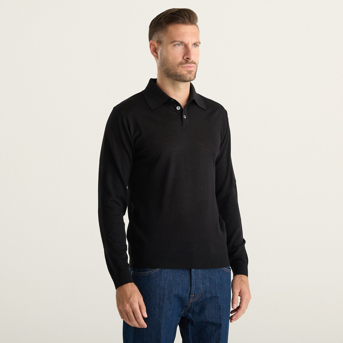 Wool & Co Maglione Polo Uomo Nero in Lana Merino e Cashmere