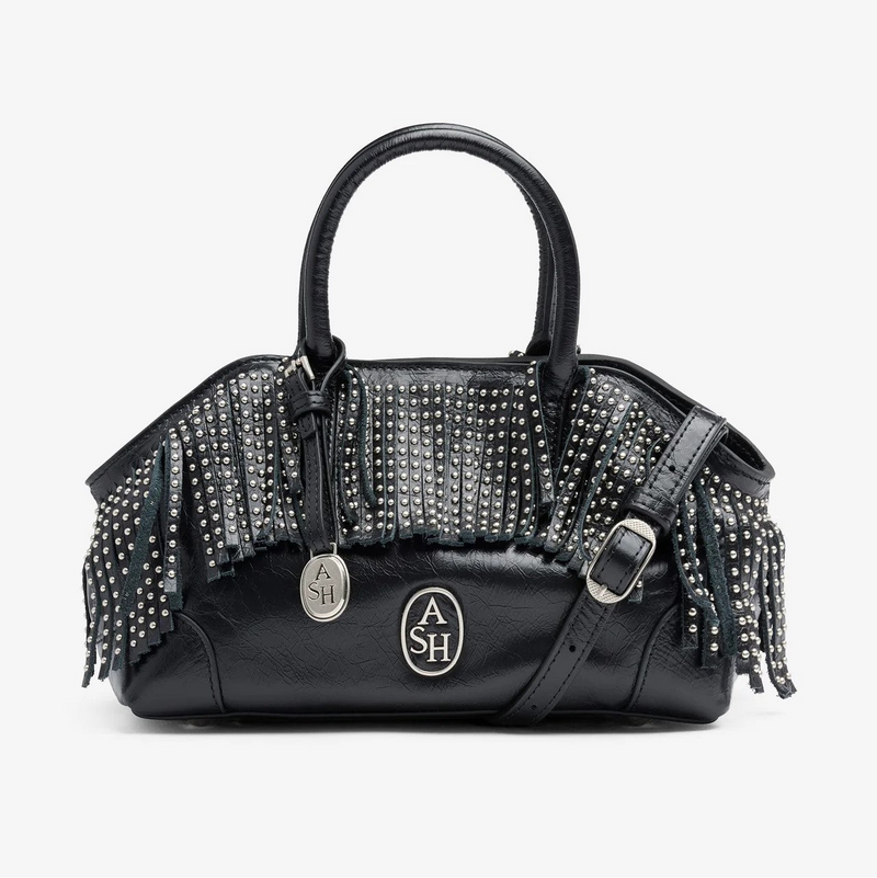 Ash borsa Justine con frange borchiate in pelle nera
