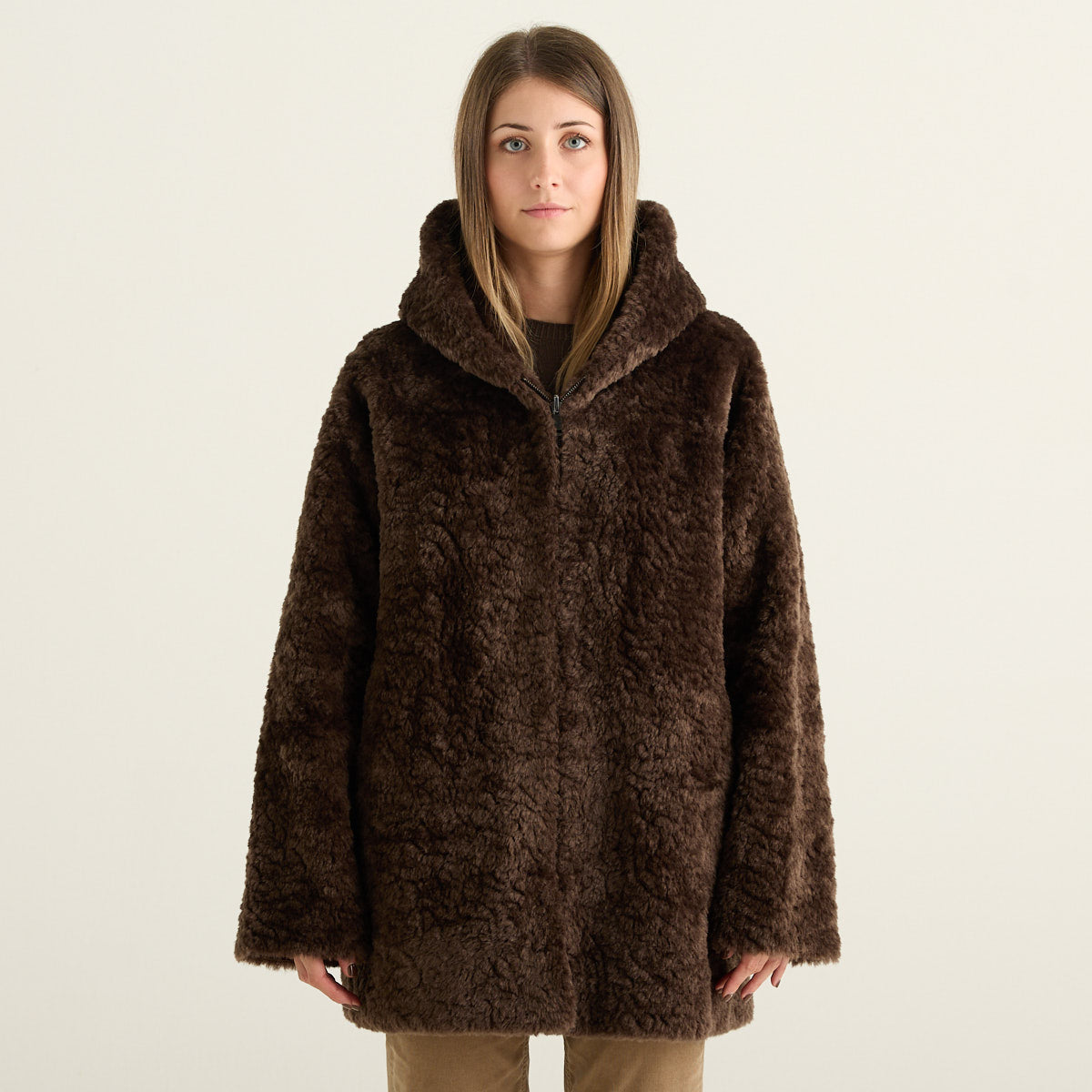Blanche Cappotto Reversibile Donna Marrone Cioccolato con Cappuccio Effetto Montone