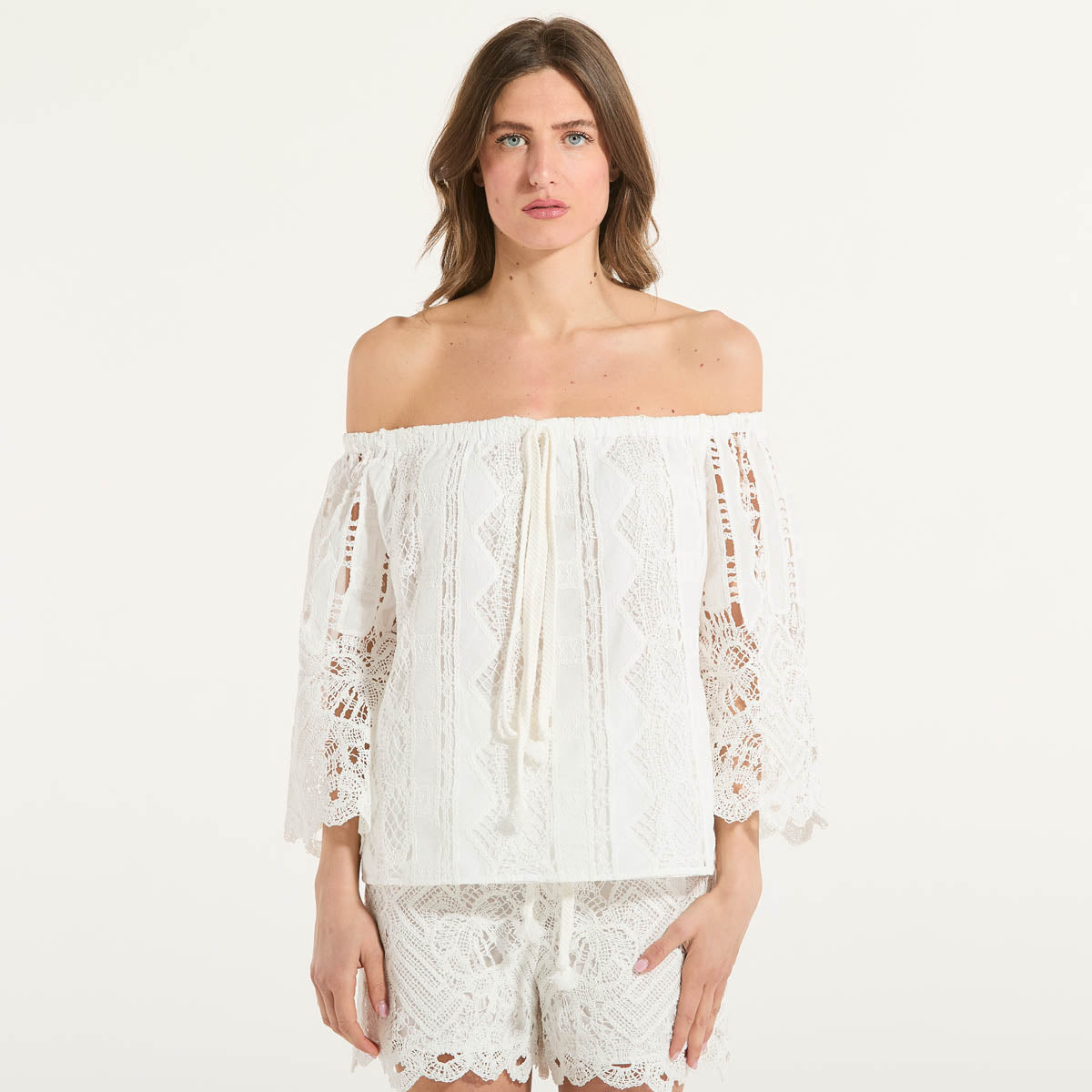 Pinko maglia in sangallo e macramè bianca