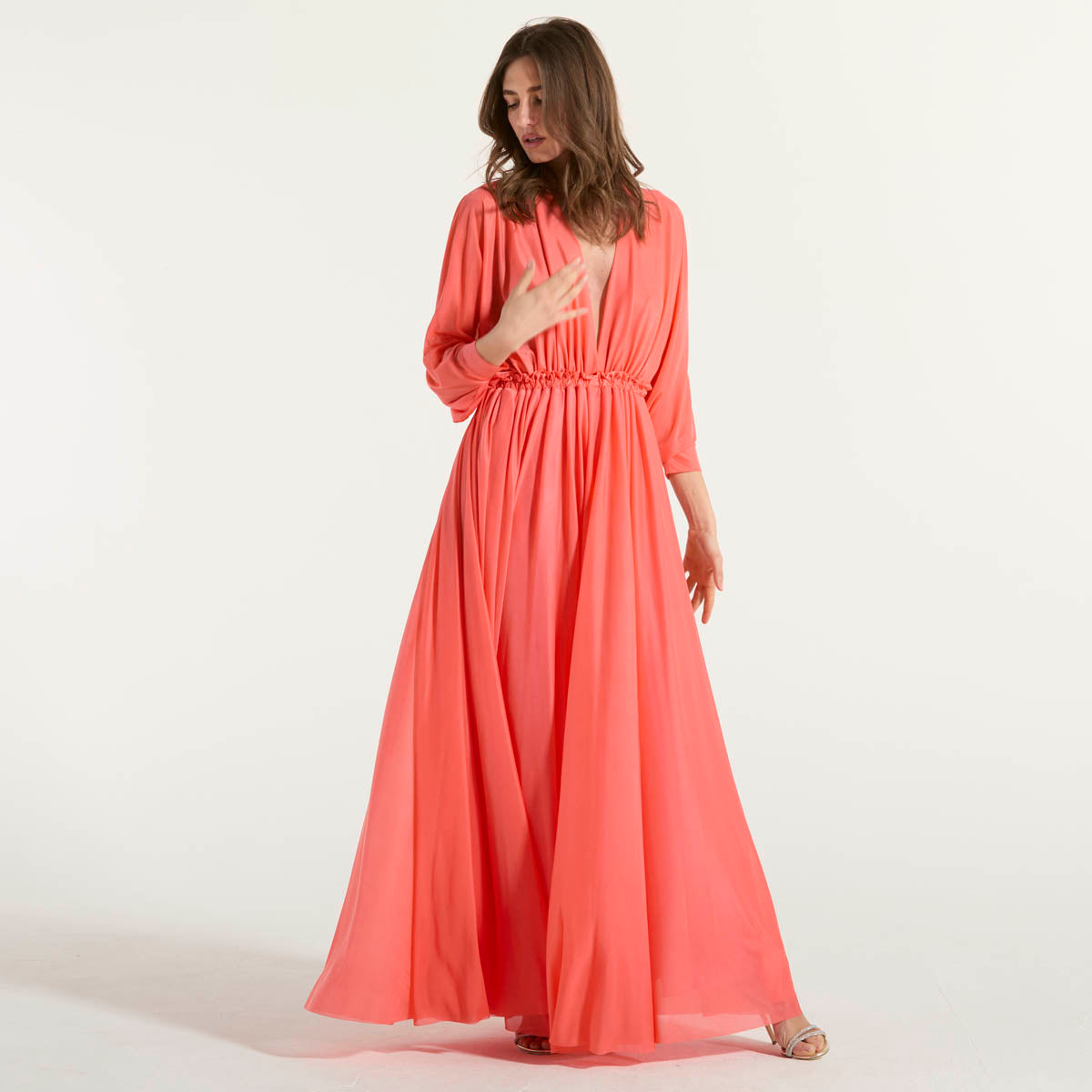 Pinko abito lungo con scollo profondo corallo
