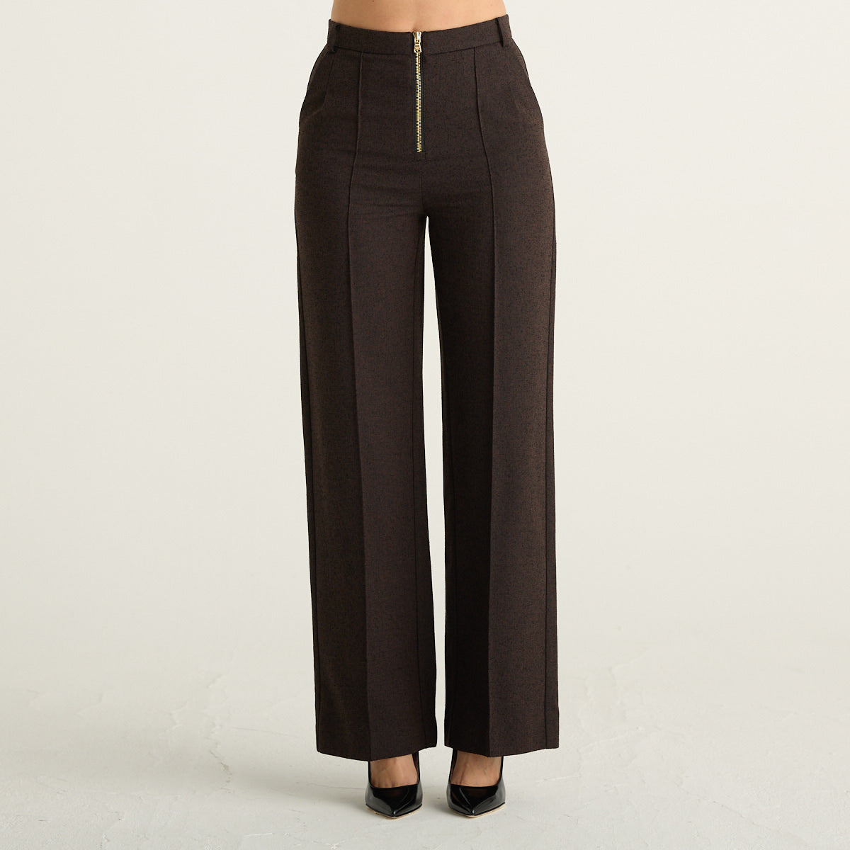 Patrizia Pepe pantaloni donna palazzo marroni in micro bouclé con zip dorata