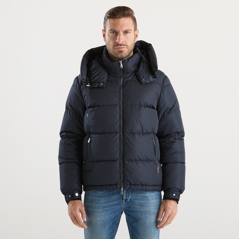 Add piumino cortro con cappuccio tessuto blu