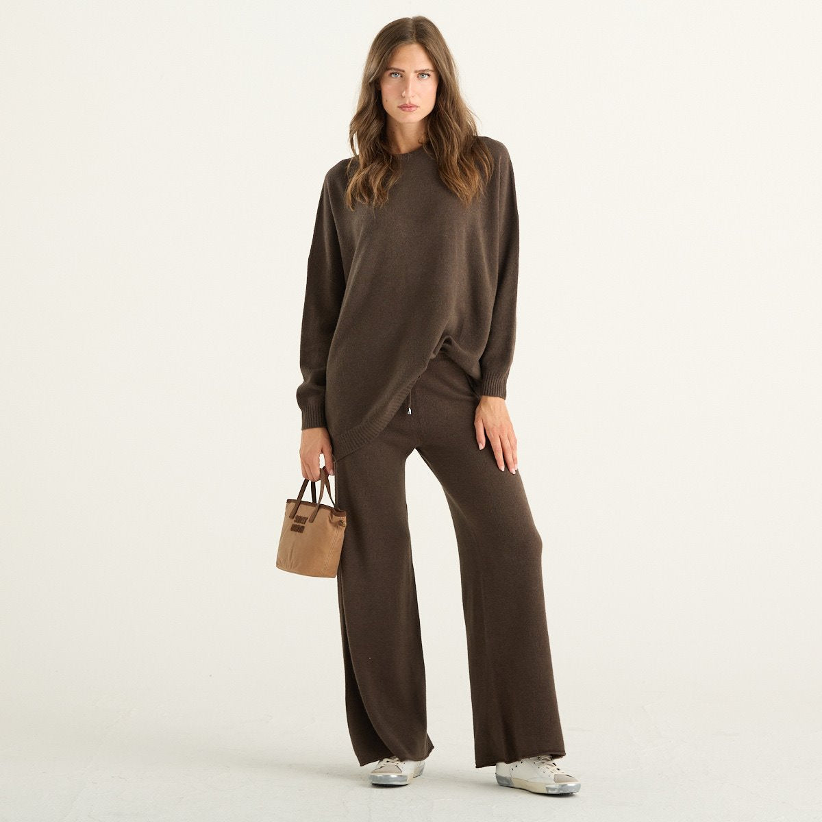 Haveone completo donna marrone in maglia con pullover oversize e pantaloni ampi