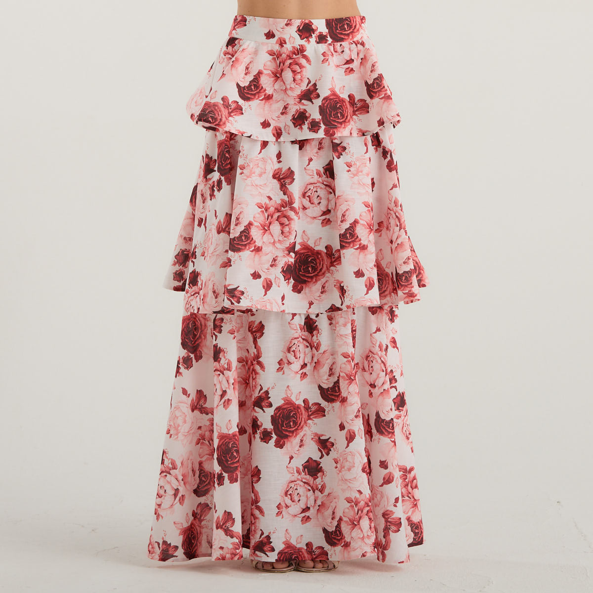 Acrualee gonna a balze in fantasia floreale rosa