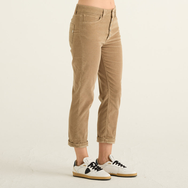 Dondup Koons Pantaloni Donna Beige Cammello in Velluto a Costine con Bottoni Frontali e Risvolto
