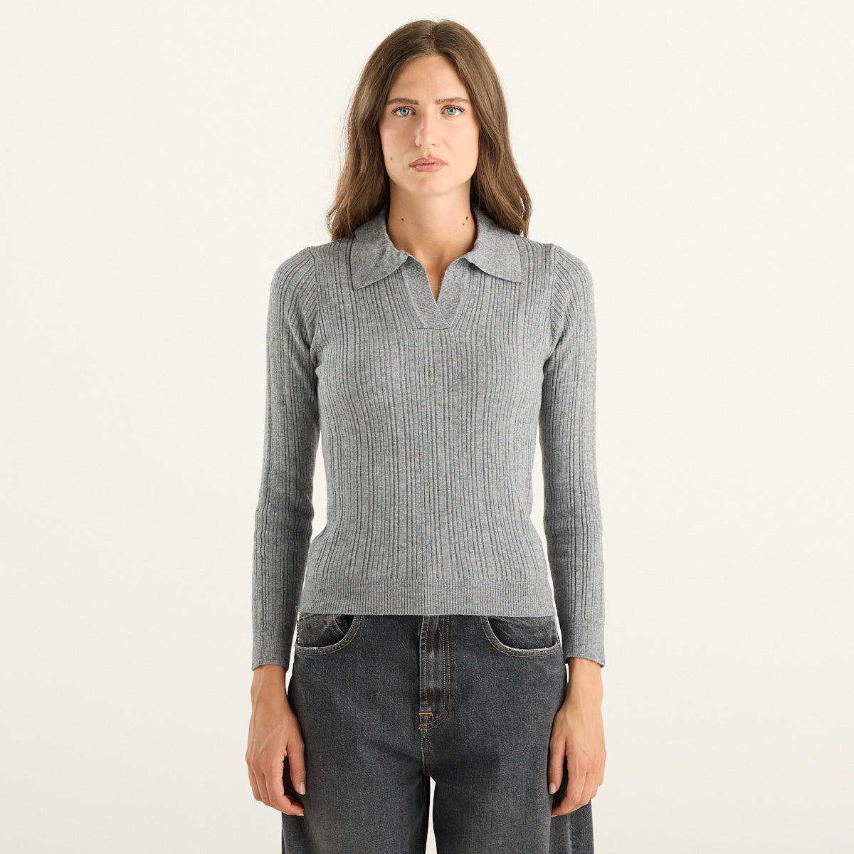 Polo donna grigia in maglia a coste Haveone