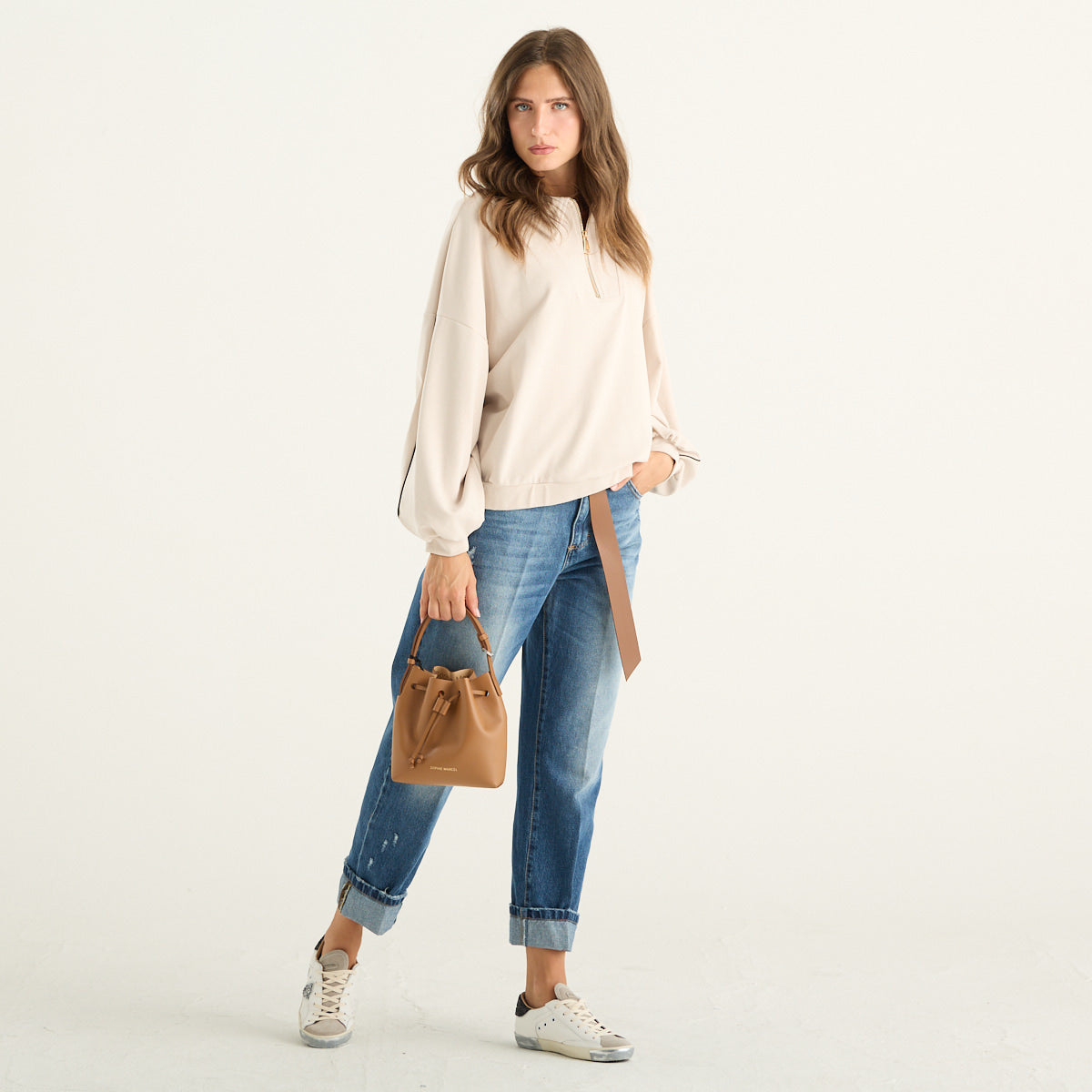 Felpa donna color panna con colletto e mezza zip