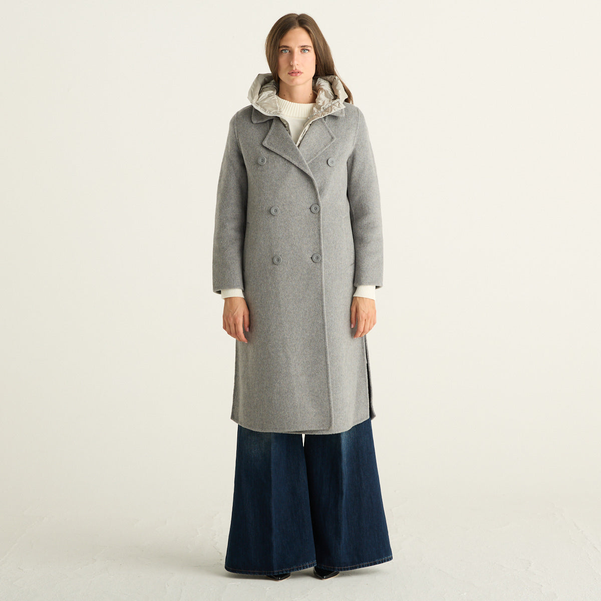 Bomboogie Cappotto Donna Grigio Mélange Doppiopetto con Cappuccio Imbottito