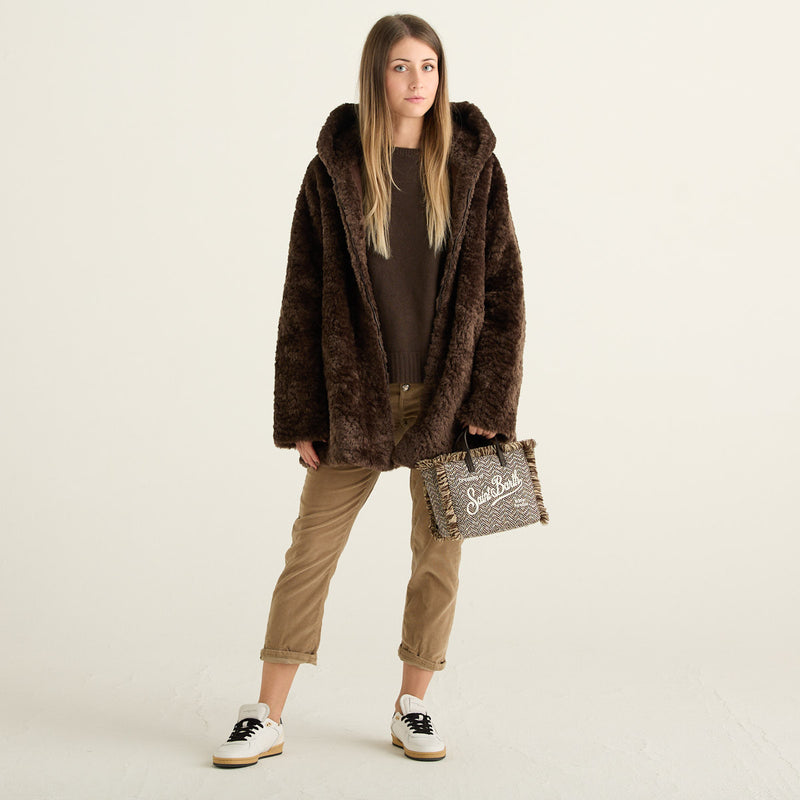 Blanche Cappotto Reversibile Donna Marrone Cioccolato con Cappuccio Effetto Montone