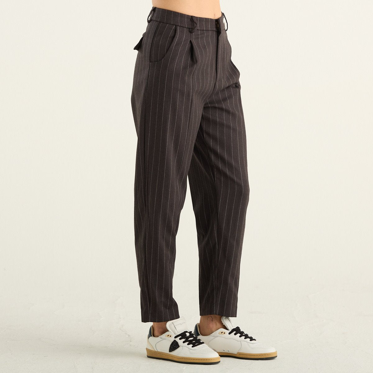 Souvenir pantalone donna marrone gessato in misto lana vergine