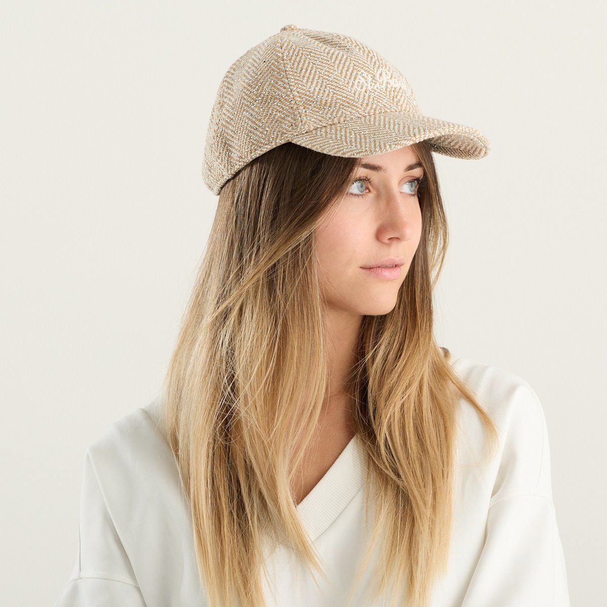 MC2 Saint Barth cappello donna Baseball Wool beige a spina di pesce con dettagli luminosi