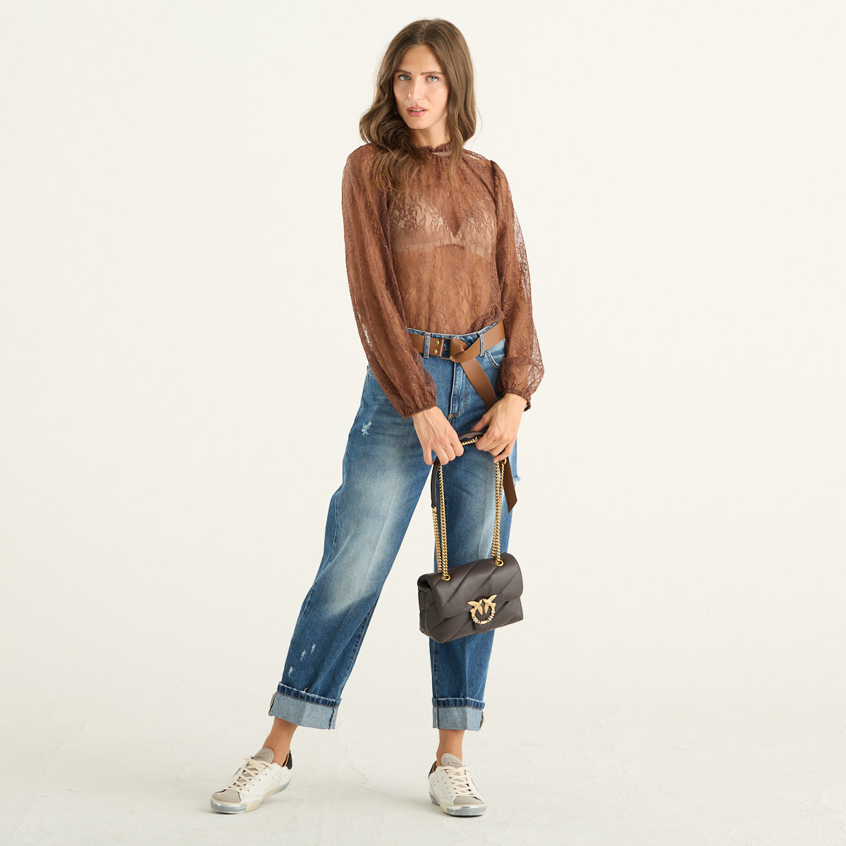 Haveone – Blusa donna marrone in pizzo