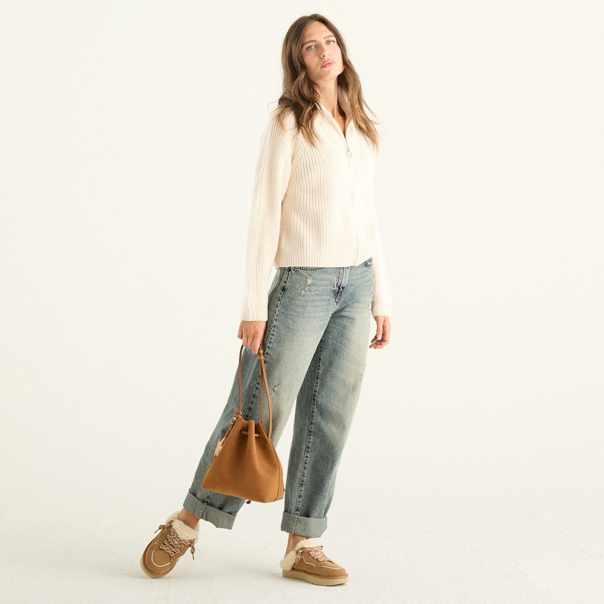 Haveone cardigan donna panna a coste con zip e collo alto