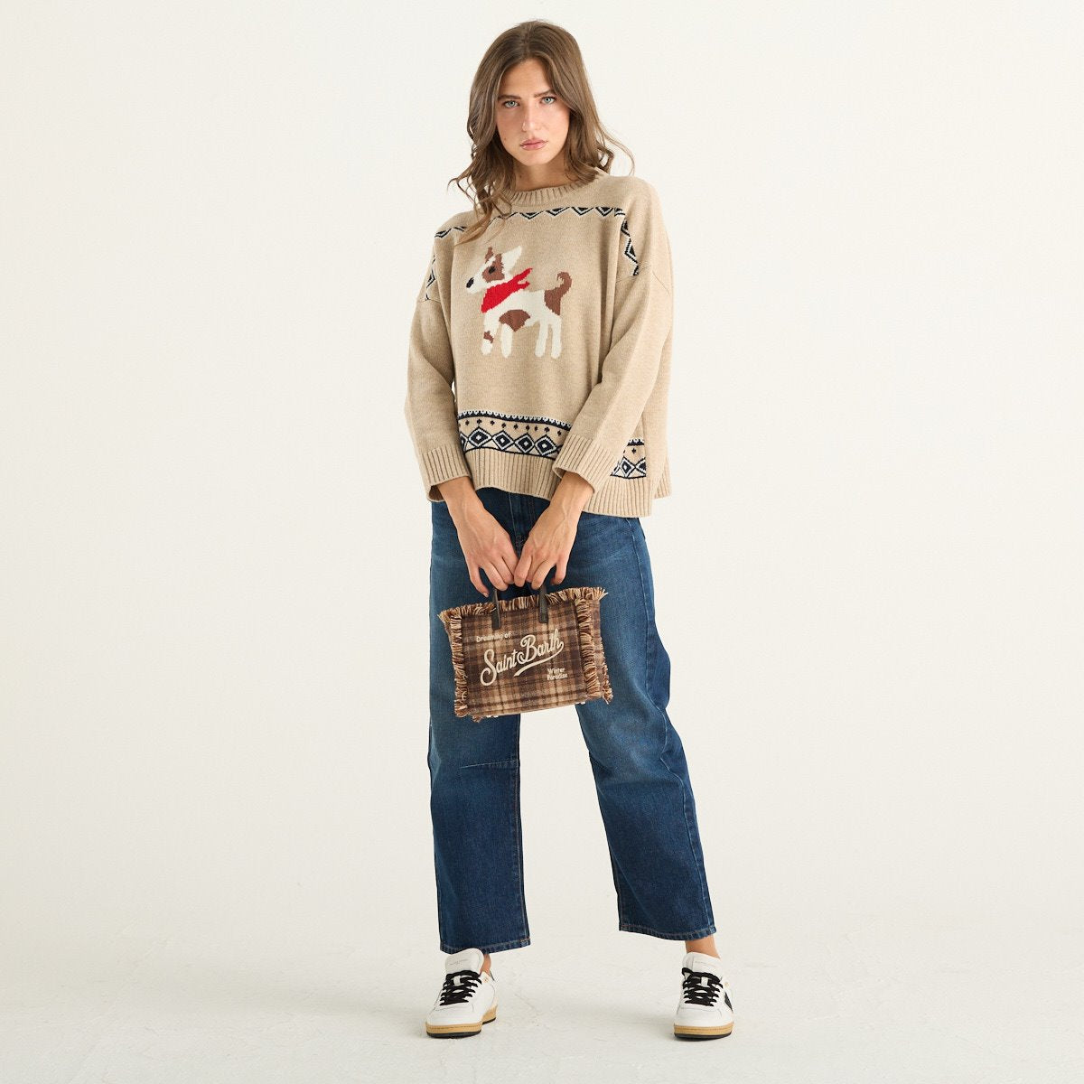 Weekend Max Mara maglia donna Pavidi in lana jacquard beige con cane