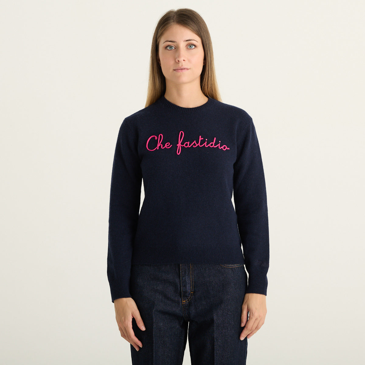 MC2 Saint Barth Maglione Donna New Queen Blu Navy con Scritta Che Fastidio Fucsia