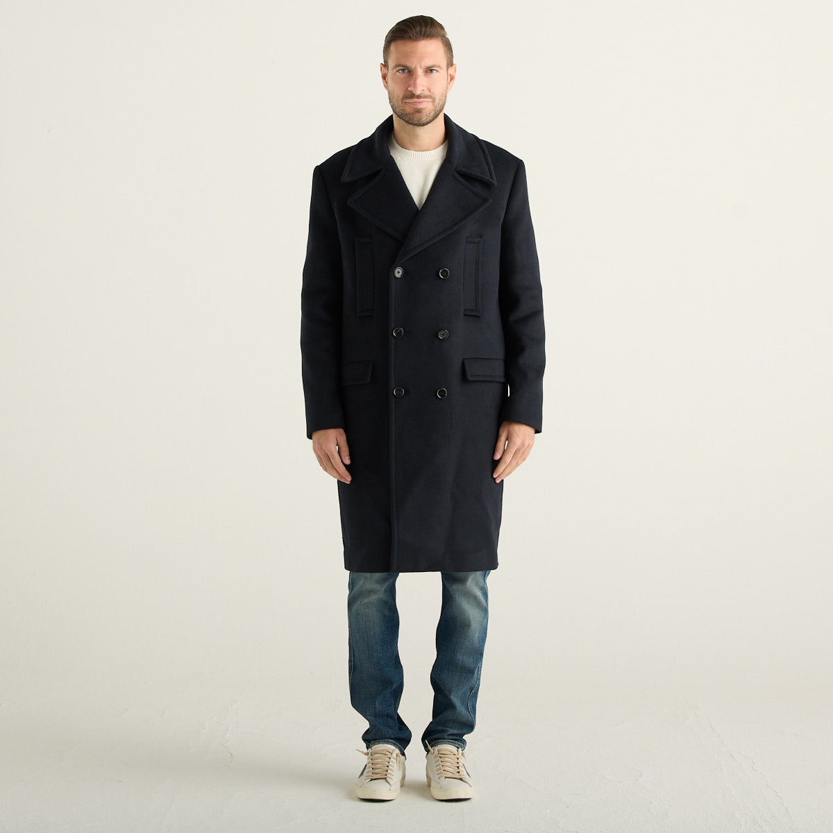 Dondup Cappotto Blu Lungo Doppiopetto con Revers Ampi