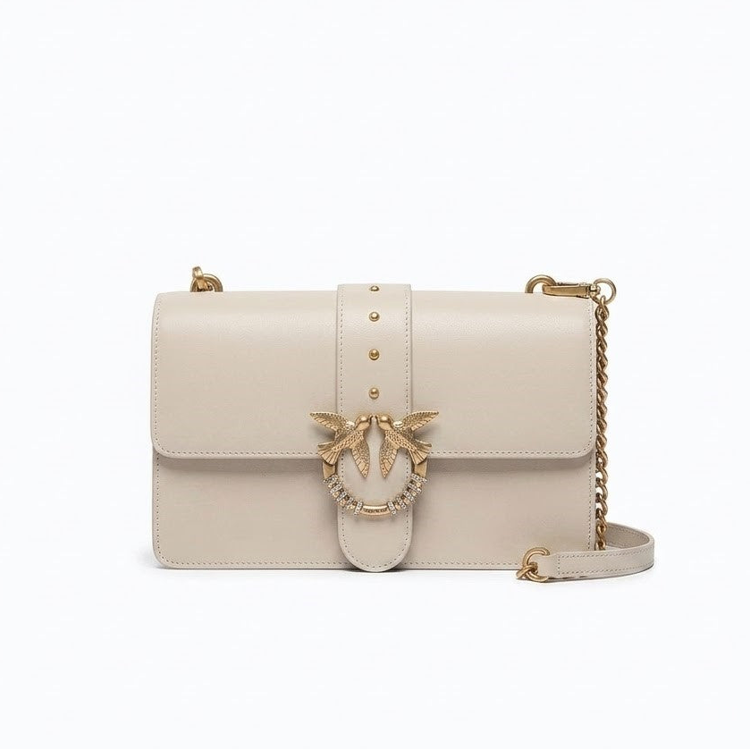 Pinko borsa a tracolla media Love Bag One in pelle beige con fibbia gioiello