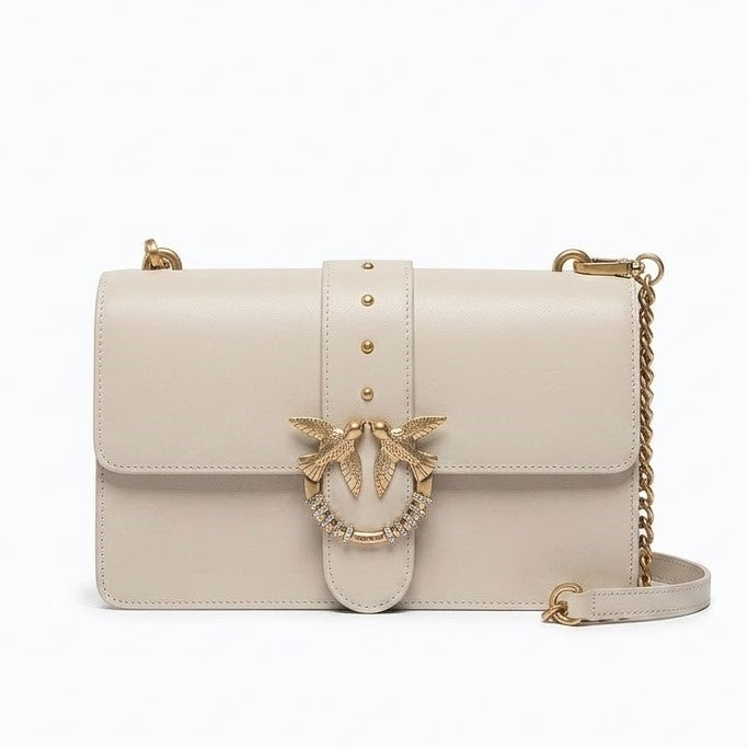Pinko borsa a tracolla media Love Bag One in pelle beige con fibbia gioiello