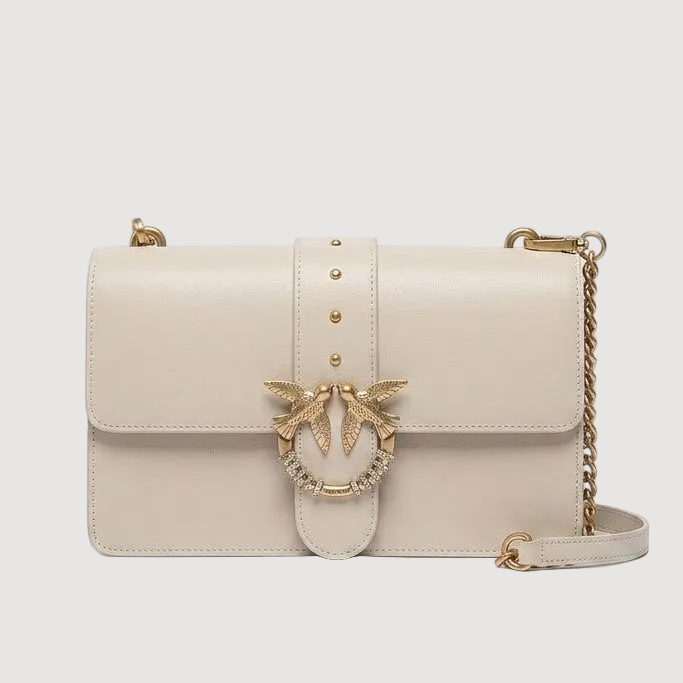 Pinko borsa a tracolla media Love Bag One in pelle beige con fibbia gioiello