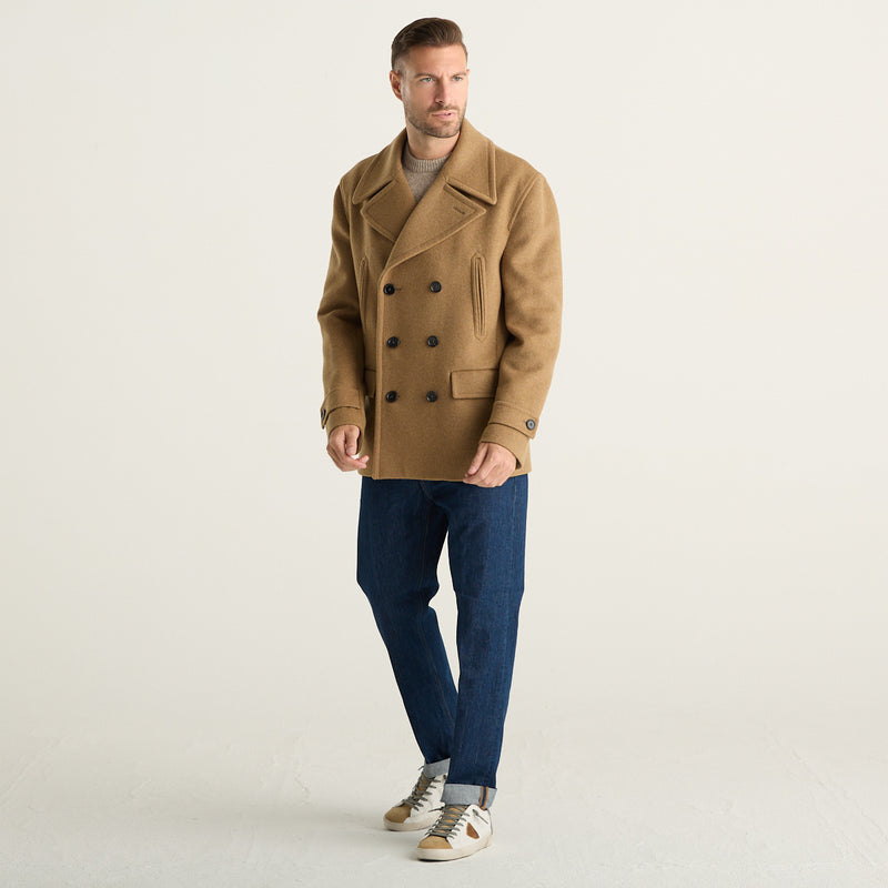 Dondup Cappotto Corto Uomo Cammello Doppiopetto con Rever Ampi