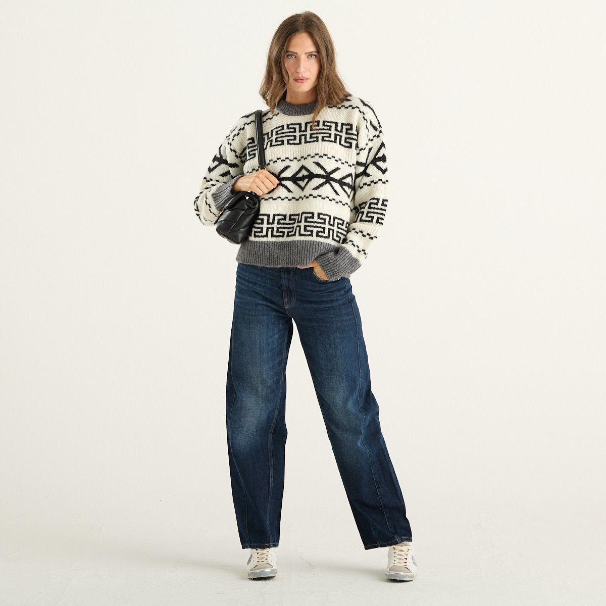 Woolrich maglione donna girocollo panna con fantasia geometrica nera