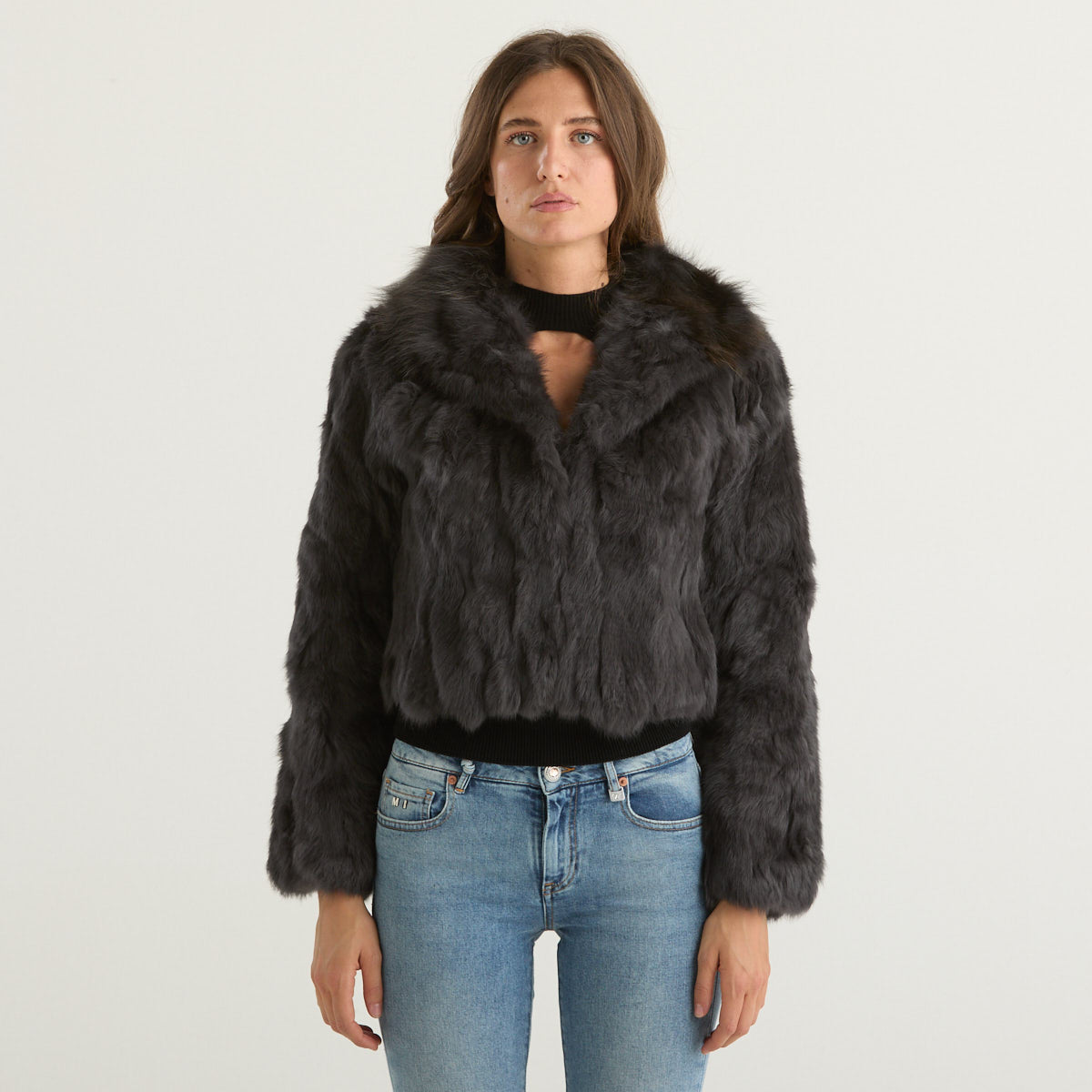 Blanche bomber in lupin con cappuccio grigio