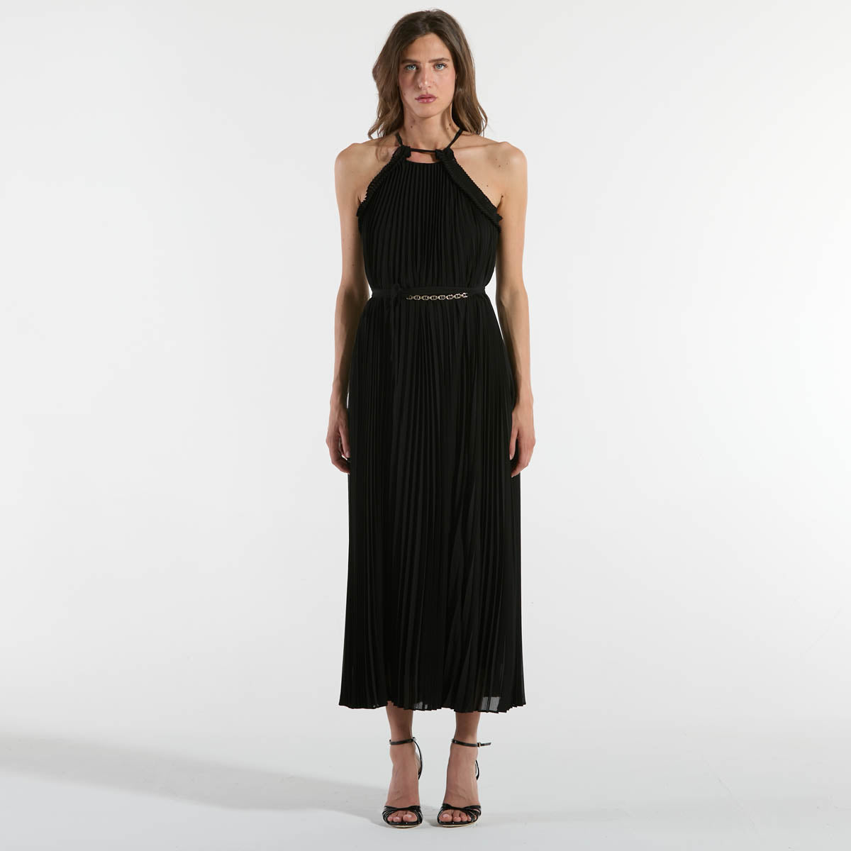 Twinset Abito lungo in georgette plissé nero