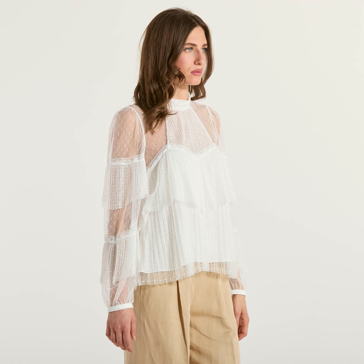 Twinset blusa in tulle con balze plissé bianca