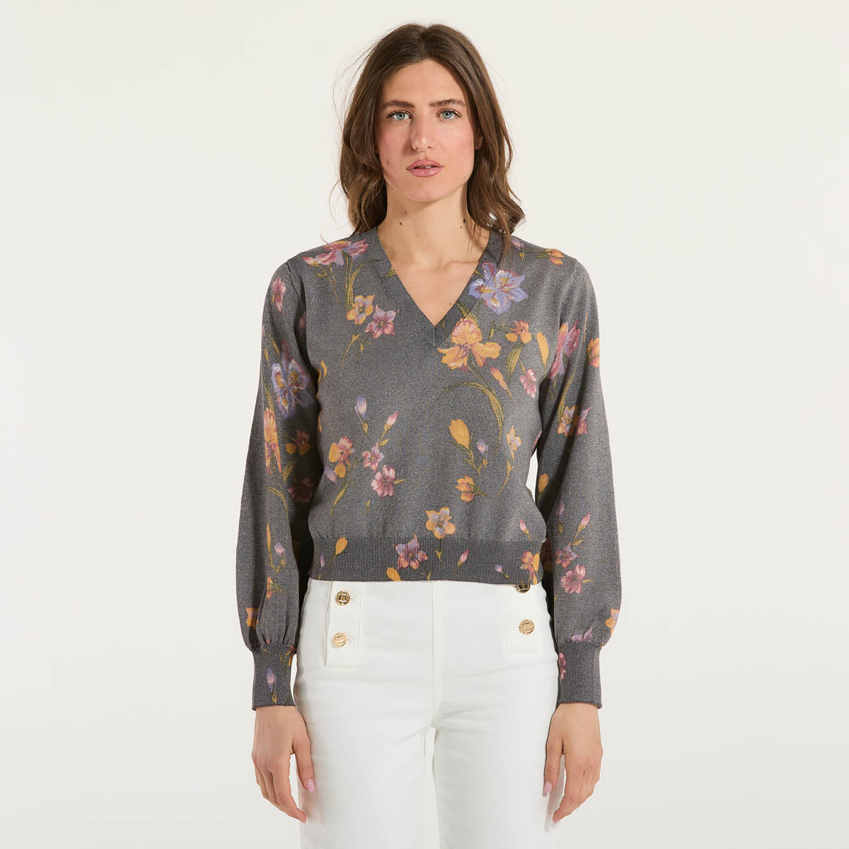 Twinset maglia scollo a v in fantasia grigia