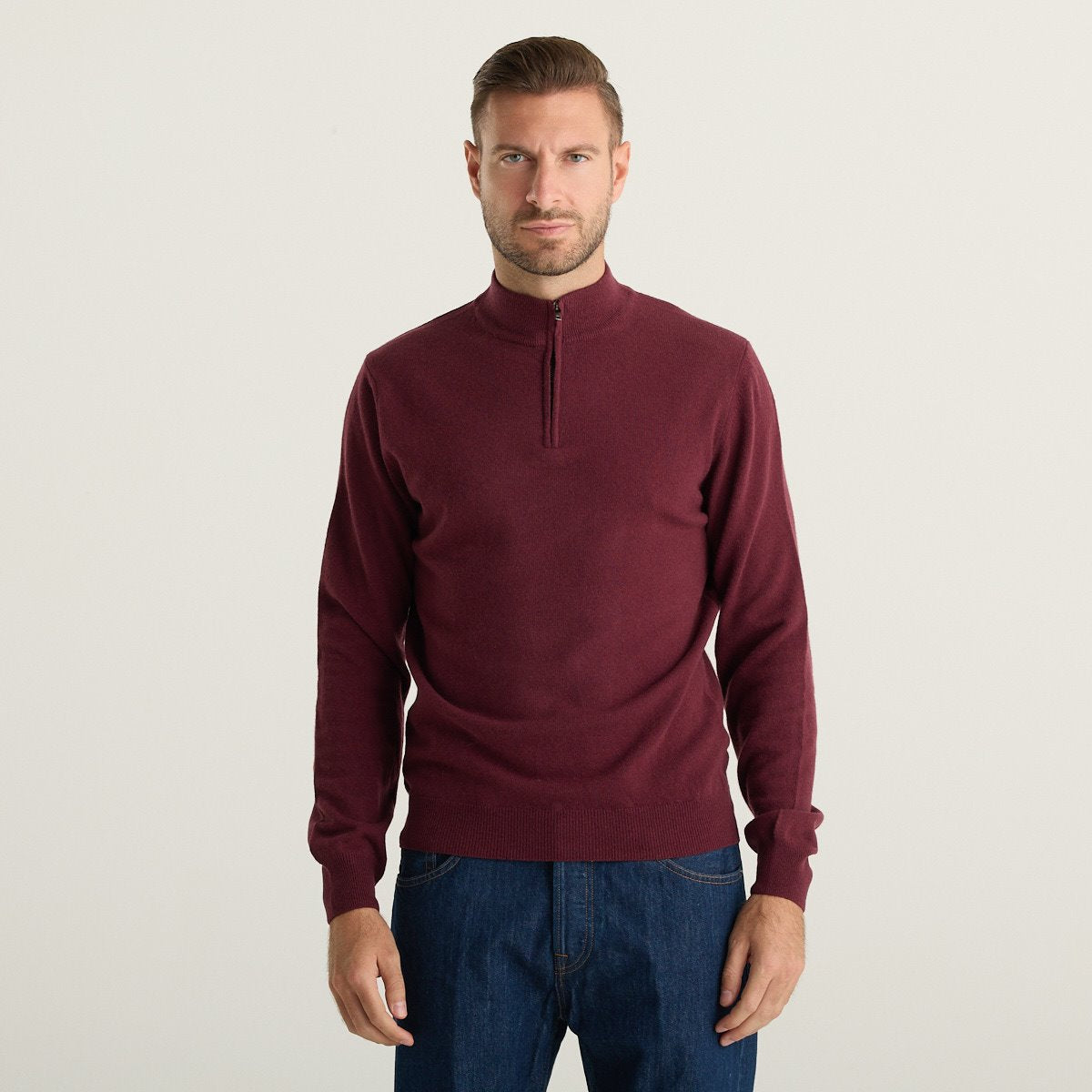 Wool & Co Maglione Uomo Bordeaux con Collo Alto e Mezza Zip