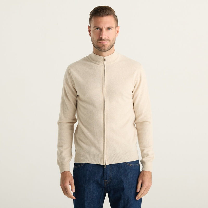 Wool & Co Cardigan Uomo Beige Chiaro in Lana Merino e Cashmere con Zip