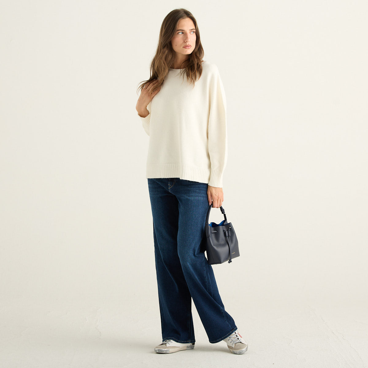 Haveone Maglione Donna Bianco Panna a Girocollo con Maniche a Pipistrello e Vestibilità Morbida