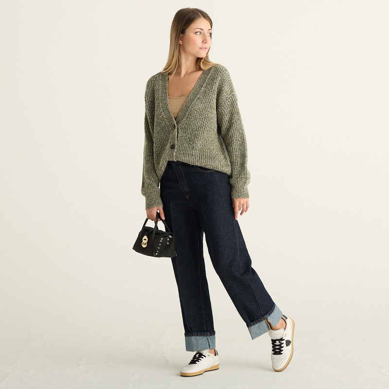Haveone Cardigan Donna Verde Salvia Mélange in Maglia a Coste con Scollo a V e Bottoni