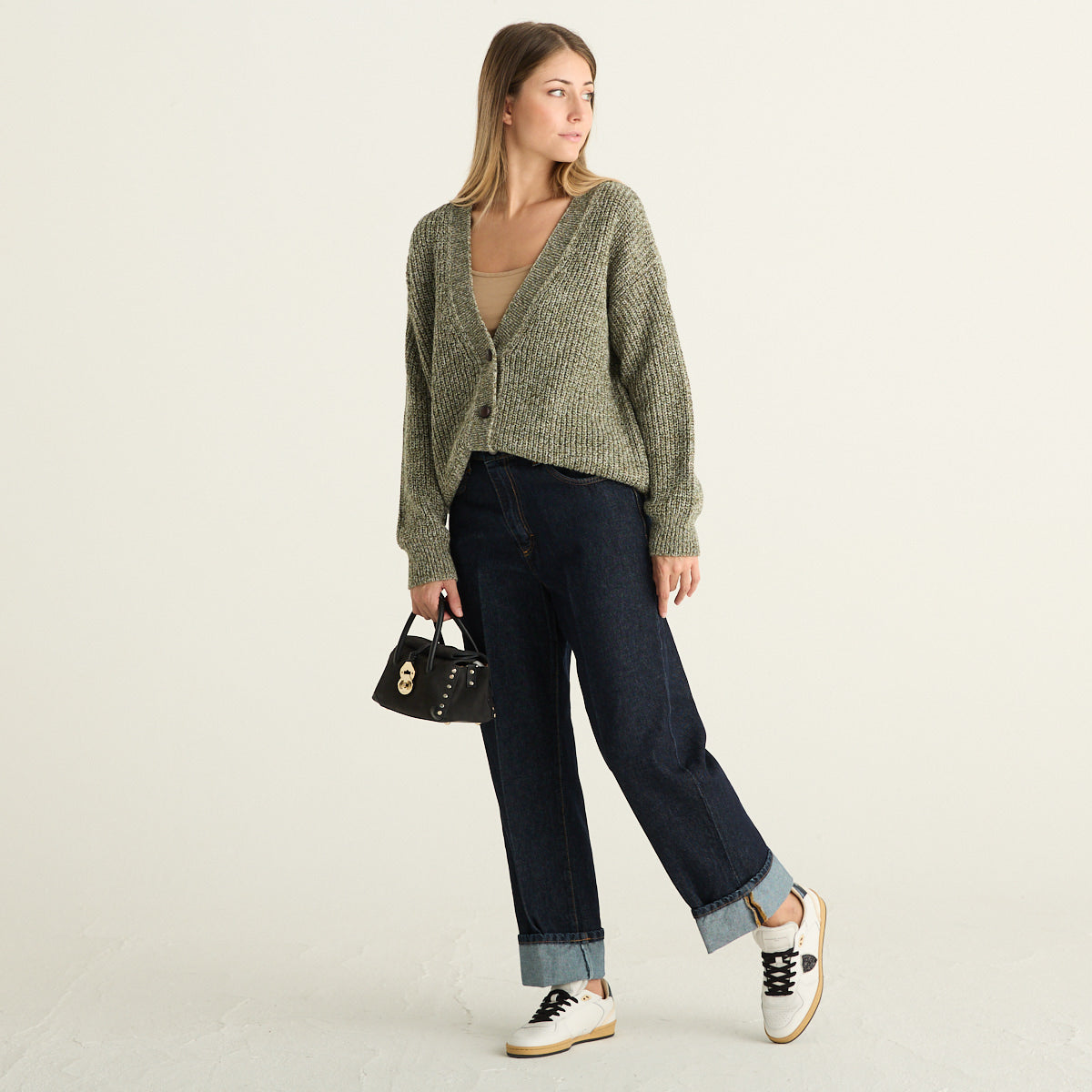 Haveone Cardigan Donna Verde Salvia Mélange in Maglia a Coste con Scollo a V e Bottoni