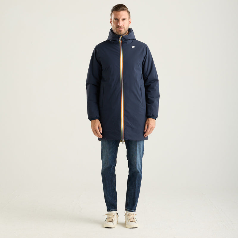 K-Way giubbotto lungo jacob reversibile blu e beige con cappuccio