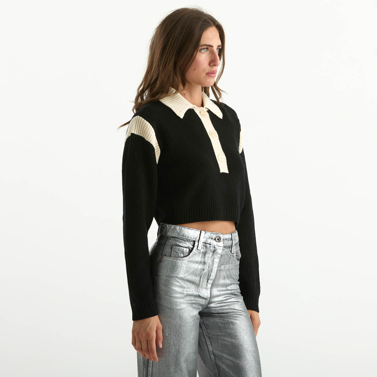 Patrizia Pepe maglione crop tessuto nero e panna