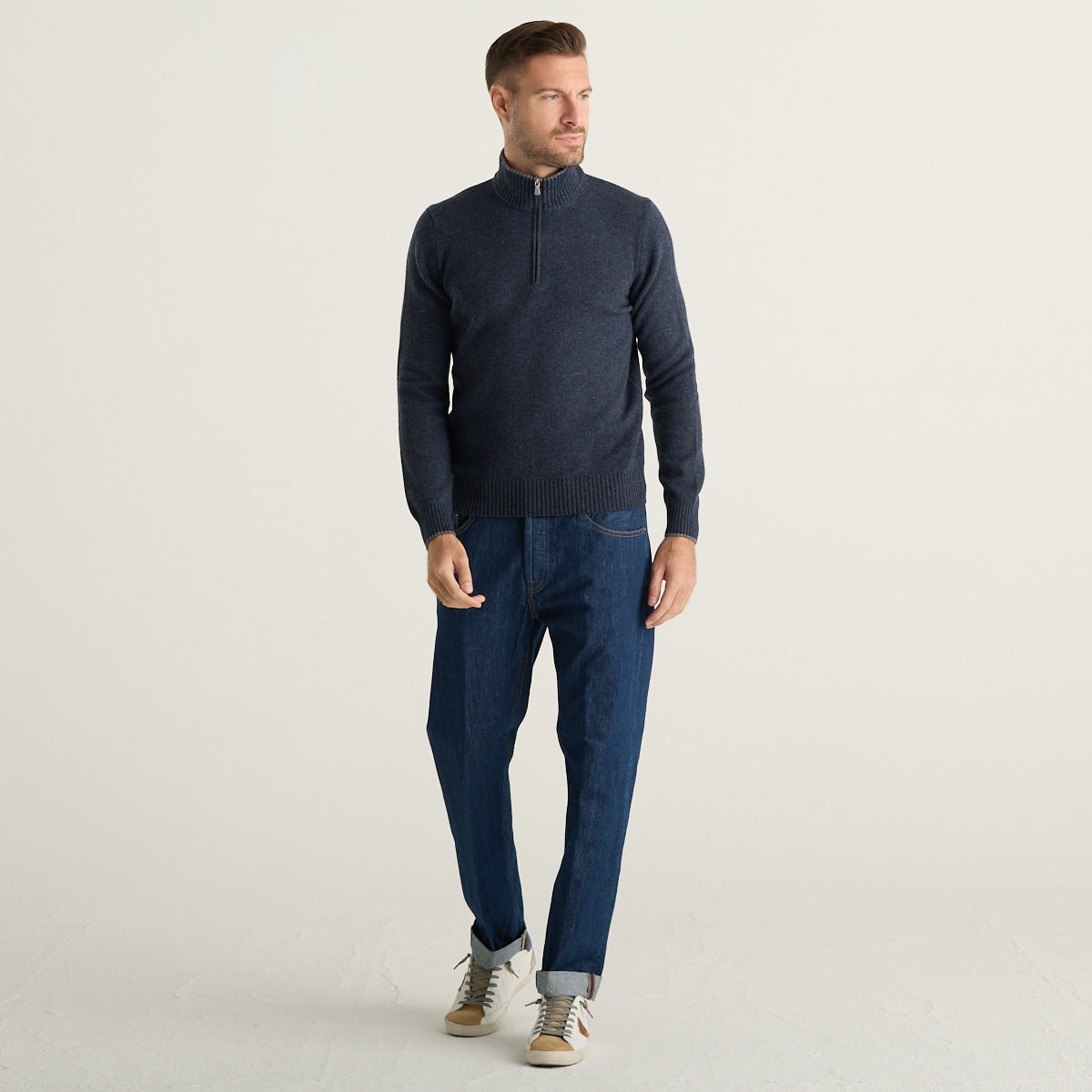 Gran Sasso Maglia Uomo Blu Avio Mélange in Pura Lana con Collo Alto e Mezza Zip