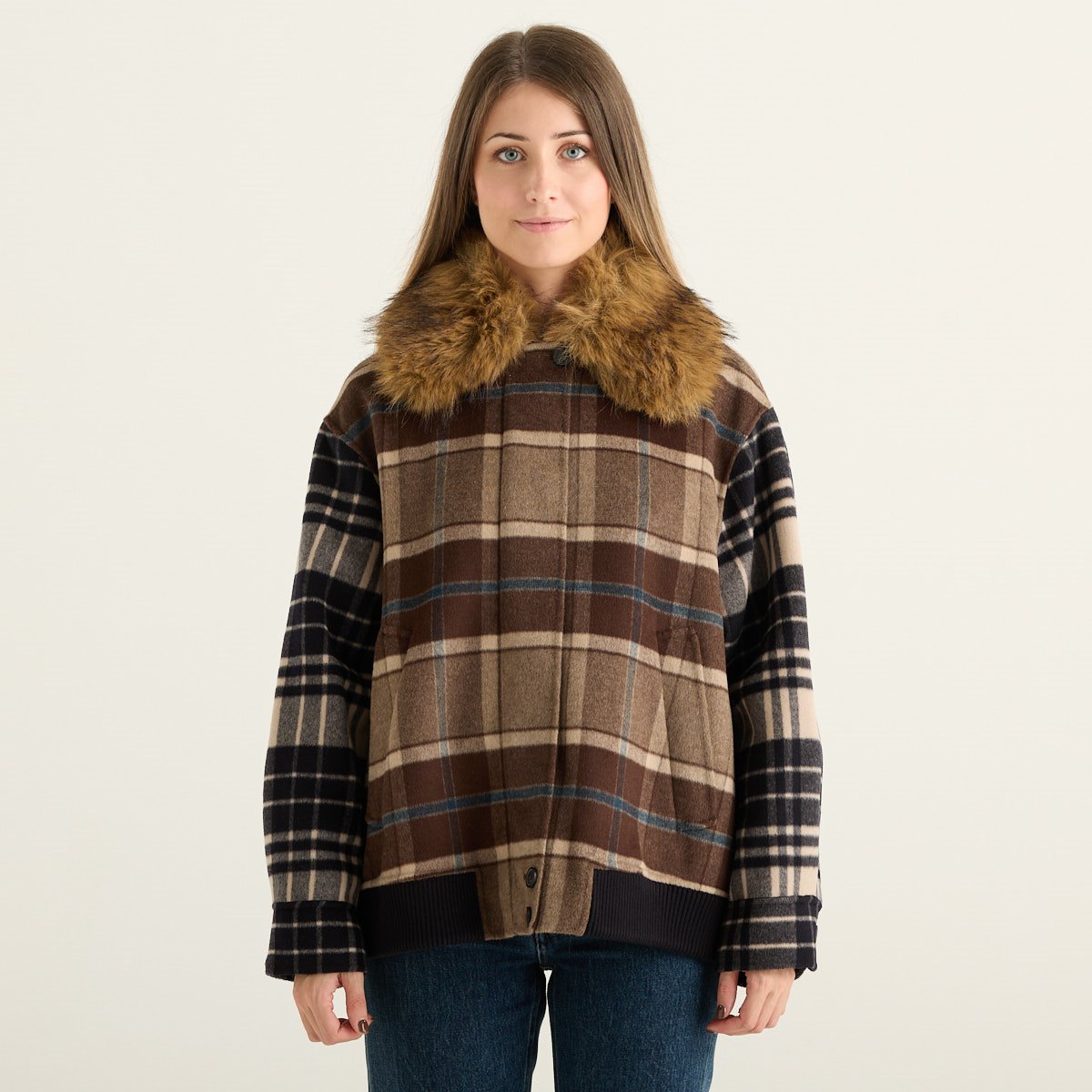 Weekend Max Mara Giacca Check Marrone con Ecopelliccia