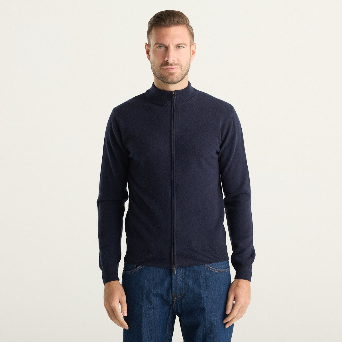Wool & Co Cardigan Uomo Blu Navy con Zip in Maglia Fine