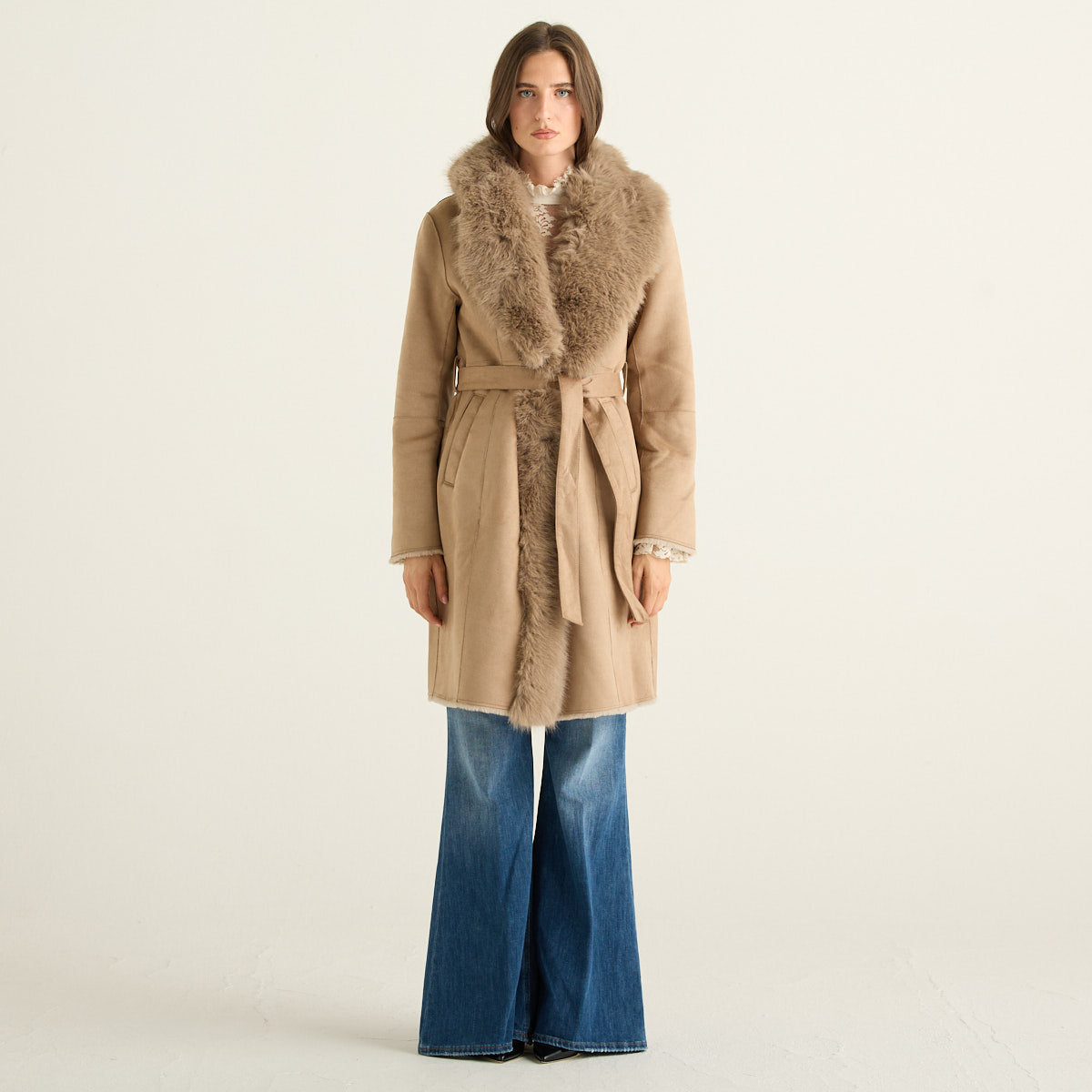 Blanche Cappotto Donna Tortora con Cintura in Vita e Collo in Pelliccia