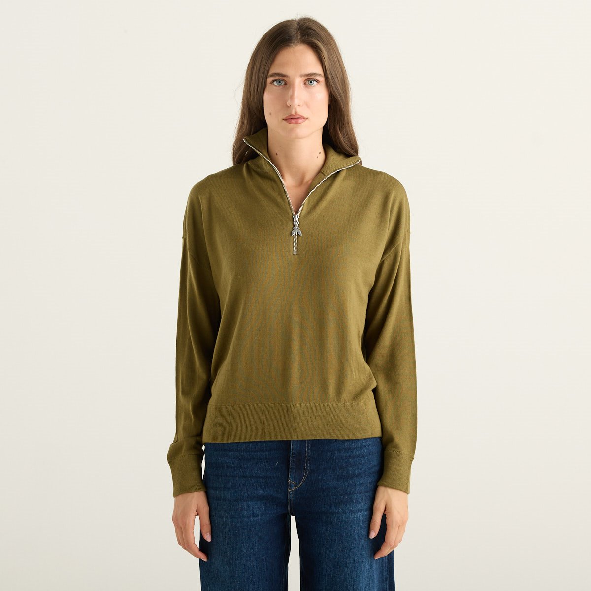 Patrizia Pepe Maglia Donna Verde Oliva con Collo Alto e Mezza Zip