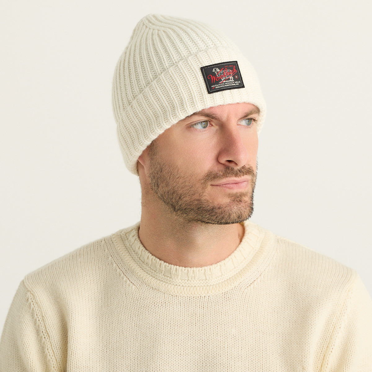 Woolrich Berretto Uomo WM Patch Beanie Bianco Panna in Lana Vergine con Logo