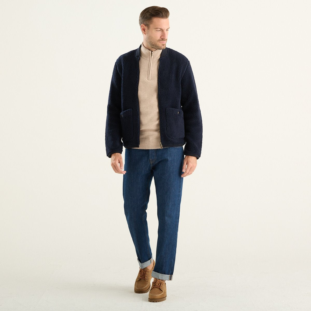 Bl’ker Vintage giacca uomo effetto sherpa blu navy con zip