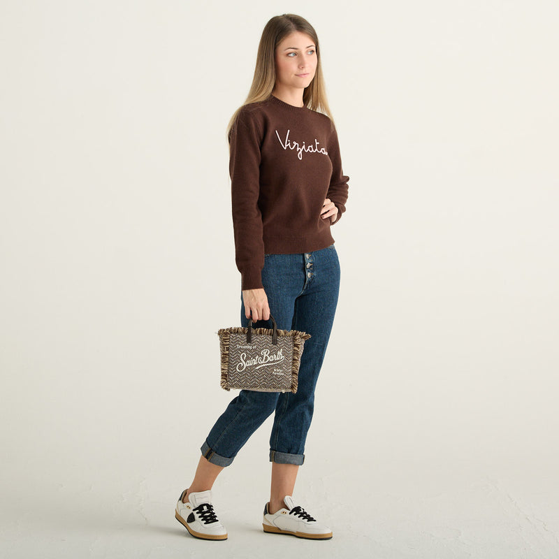 MC2 Saint Barth Maglione Marrone Cioccolato con Scritta Viziata