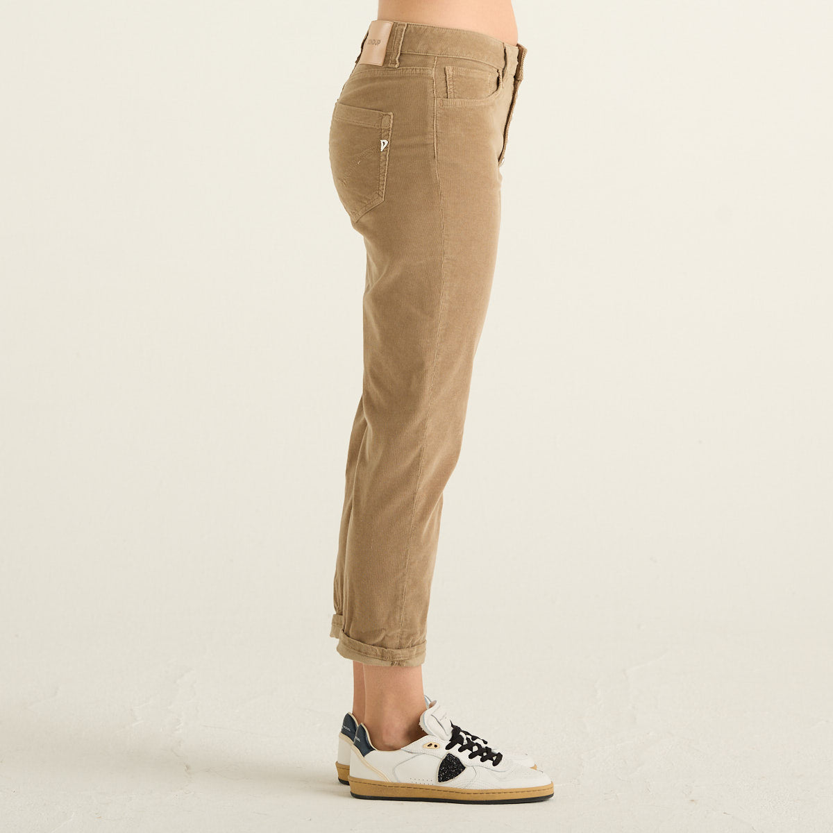 Dondup Koons Pantaloni Donna Beige Cammello in Velluto a Costine con Bottoni Frontali e Risvolto
